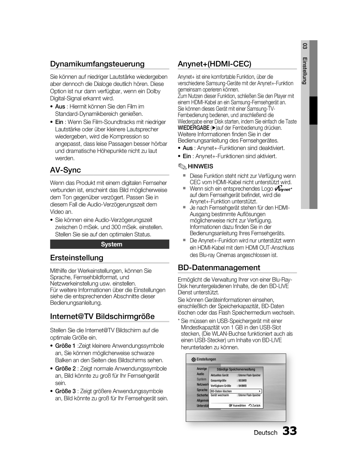 Samsung HT-C5200/XEN manual Dynamikumfangsteuerung, AV-Sync, Ersteinstellung, Internet@TV Bildschirmgröße, Anynet+HDMI-CEC 