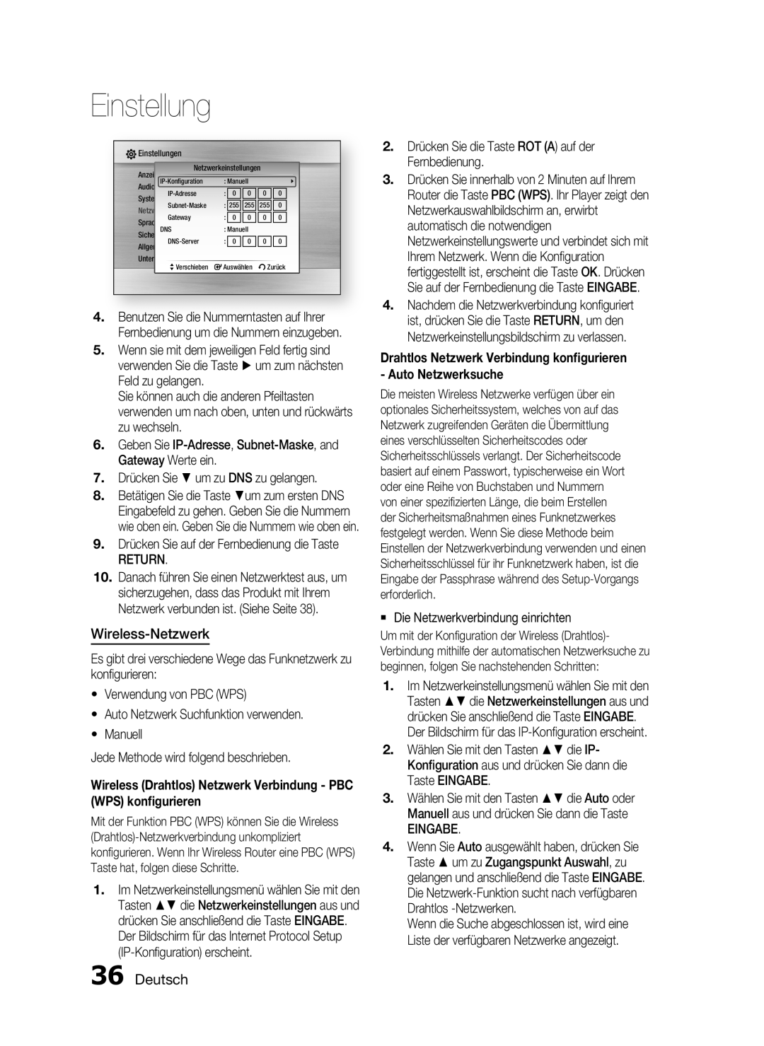 Samsung HT-C5200/XEN, HT-C5200/EDC, HT-C5200/XEF Wireless-Netzwerk, Drücken Sie auf der Fernbedienung die Taste, Return 