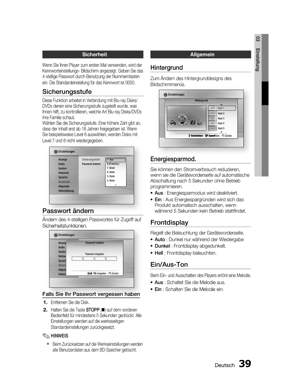 Samsung HT-C5200/XEN manual Sicherungsstufe, Passwort ändern, Hintergrund, Energiesparmod, Frontdisplay, Ein/Aus-Ton 