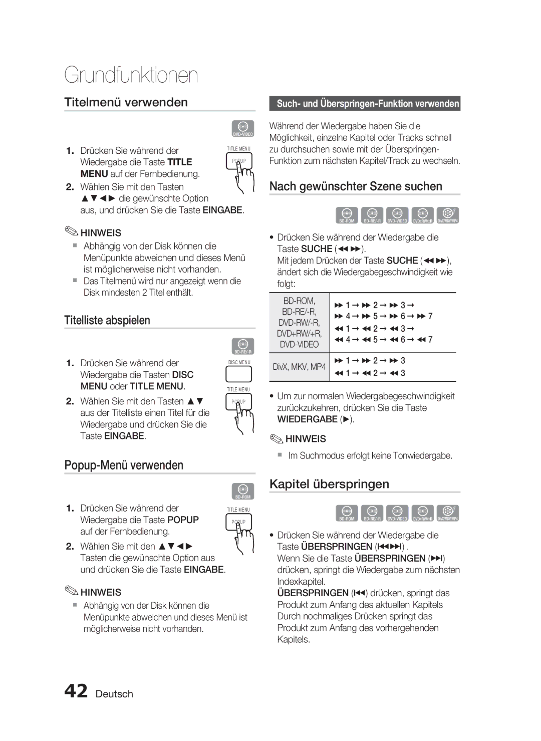 Samsung HT-C5200/XEN manual Titelmenü verwenden, Titelliste abspielen, Nach gewünschter Szene suchen, Popup-Menü verwenden 