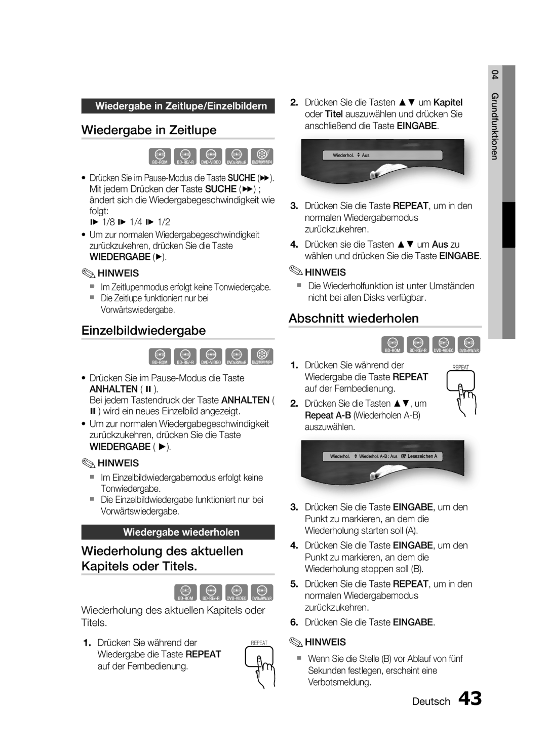 Samsung HT-C5200/EDC manual Wiedergabe in Zeitlupe, Einzelbildwiedergabe, Wiederholung des aktuellen Kapitels oder Titels 