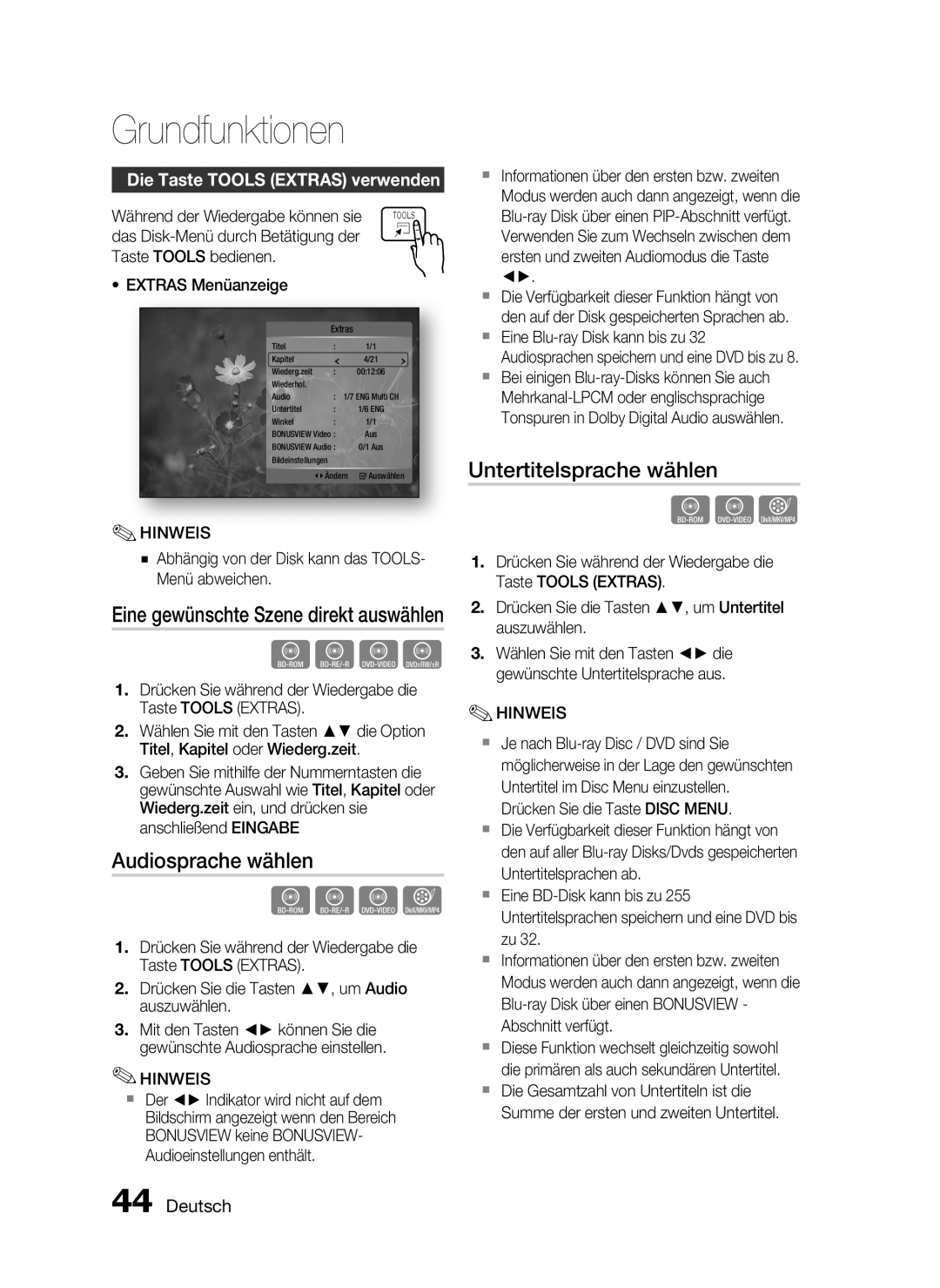 Samsung HT-C5200/XEF, HT-C5200/XEN manual Audiosprache wählen, Untertitelsprache wählen, Die Taste Tools Extras verwenden 