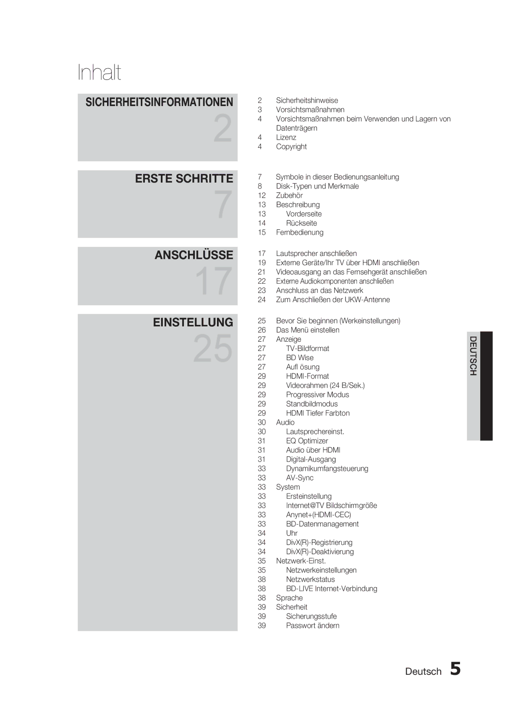 Samsung HT-C5200/XEF, HT-C5200/XEN, HT-C5200/EDC manual Inhalt 