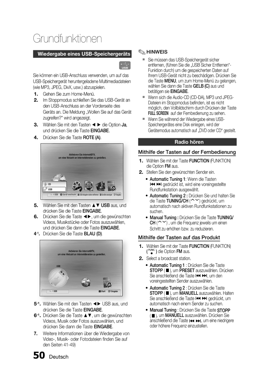 Samsung HT-C5200/XEF manual Wiedergabe eines USB-Speichergeräts, Radio hören, Mithilfe der Tasten auf der Fernbedienung 