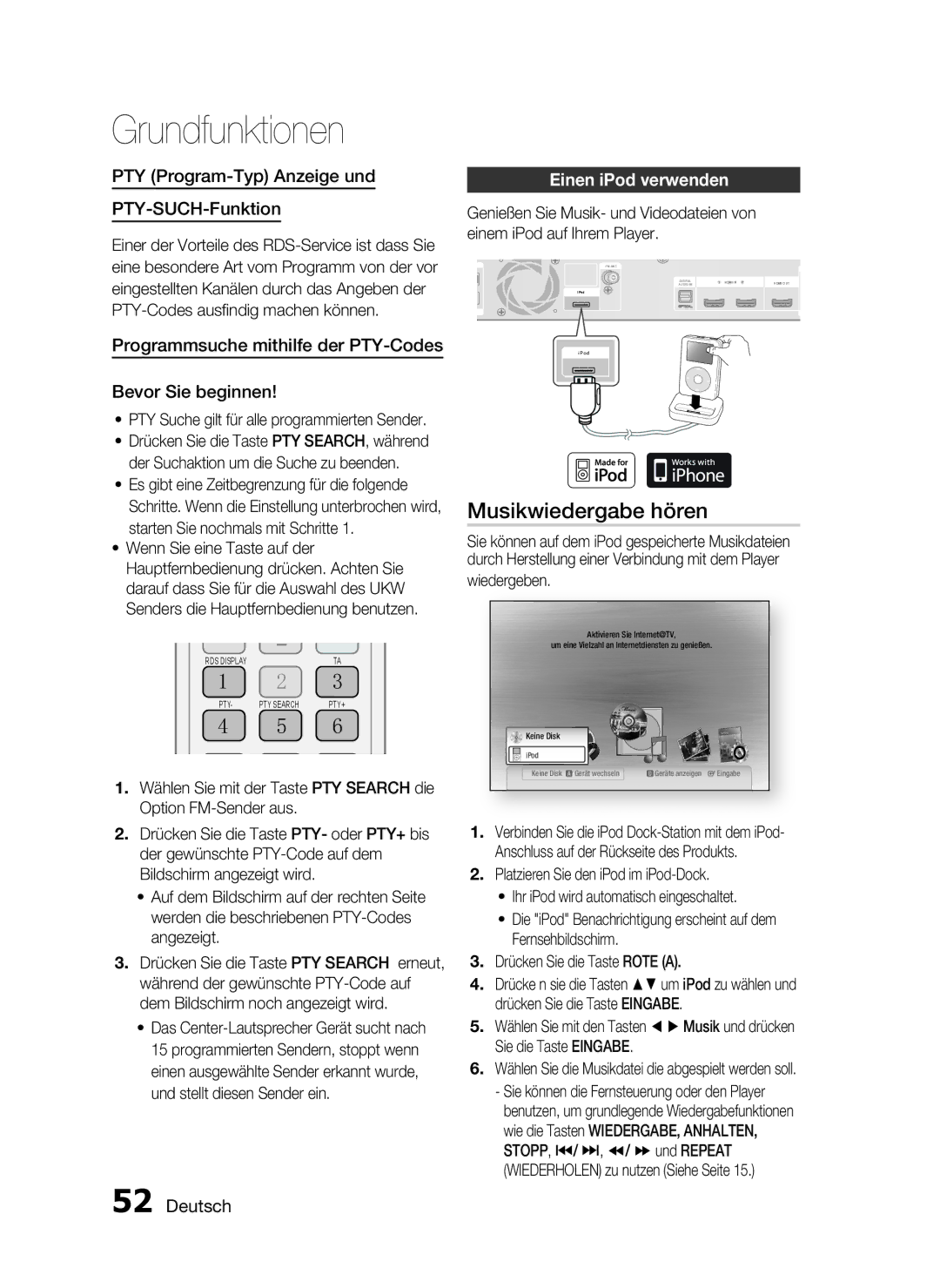 Samsung HT-C5200/EDC manual Musikwiedergabe hören, PTY Program-Typ Anzeige und PTY-SUCH-Funktion, Einen iPod verwenden 