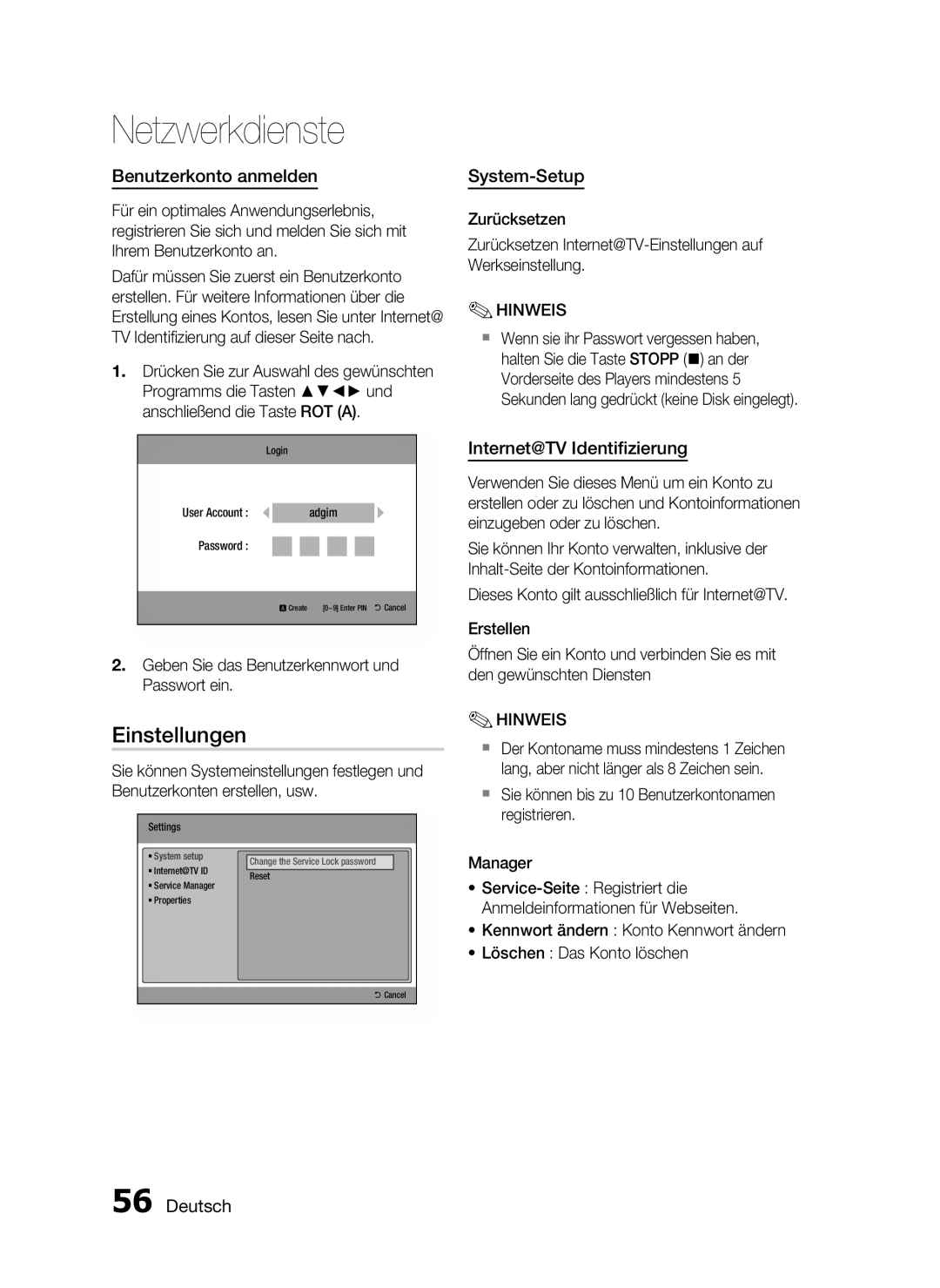 Samsung HT-C5200/XEF, HT-C5200/XEN manual Einstellungen, Benutzerkonto anmelden, System-Setup, Internet@TV Identiﬁzierung 