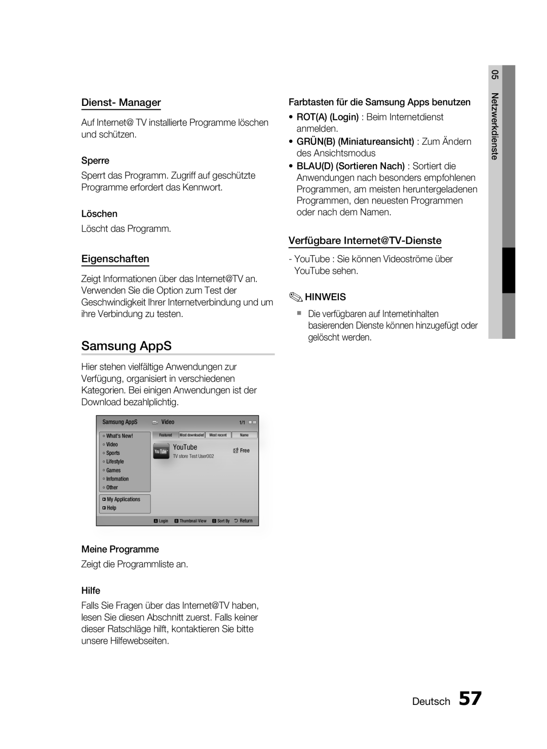 Samsung HT-C5200/XEN, HT-C5200/EDC manual Samsung AppS, Dienst- Manager, Eigenschaften, Verfügbare Internet@TV-Dienste 