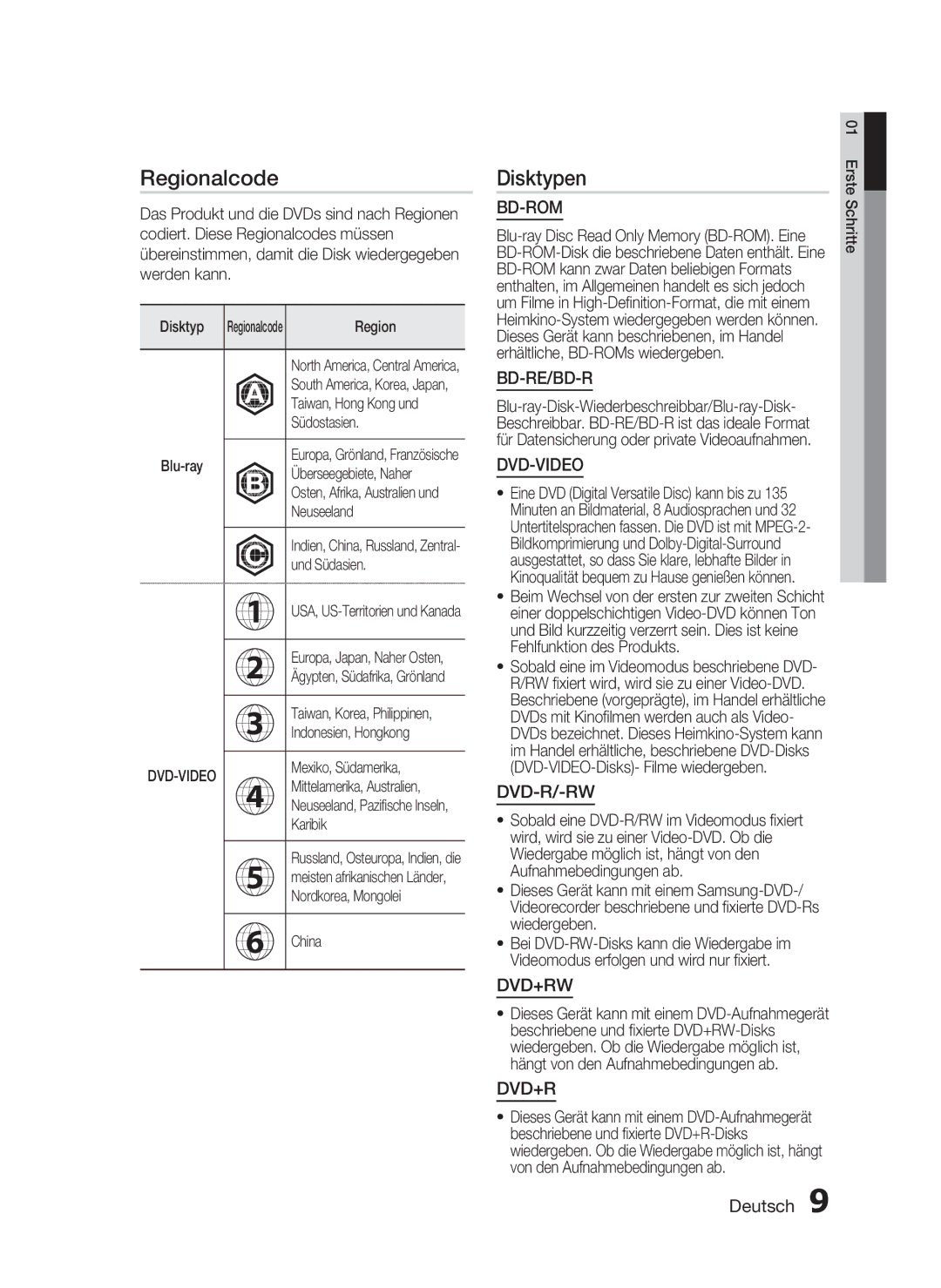 Samsung HT-C5200/XEN, HT-C5200/EDC, HT-C5200/XEF manual Regionalcode, Disktypen 