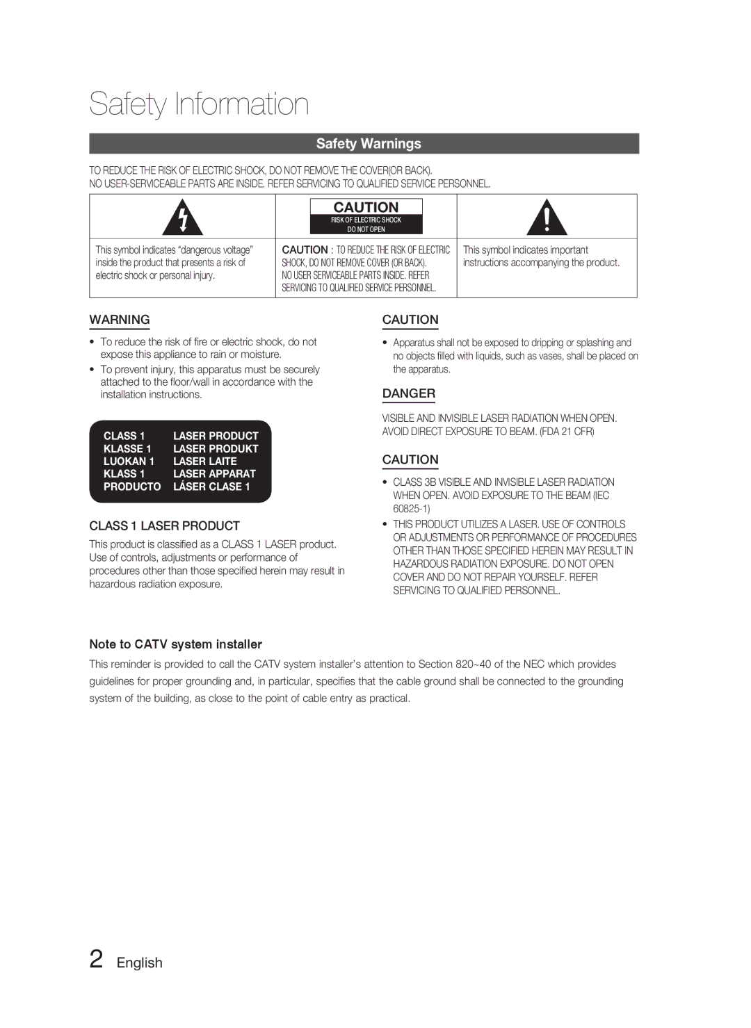 Samsung HT-C550-XAC user manual Safety Information, Safety Warnings, English, Class 1 Laser Product 