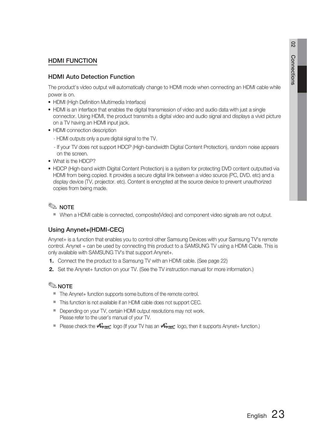 Samsung HT-C550-XAC user manual Hdmi Auto Detection Function, Using Anynet+HDMI-CEC 