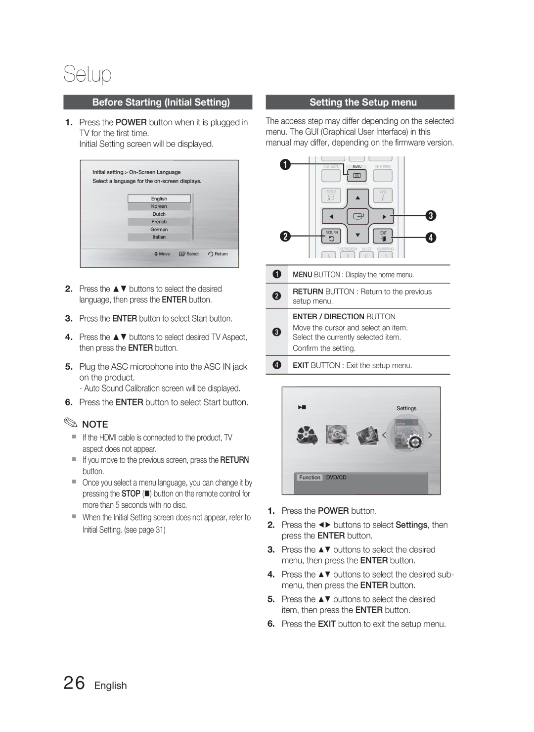 Samsung HT-C550-XAC user manual Setup, Before Starting Initial Setting, Press the Exit button to exit the setup menu 