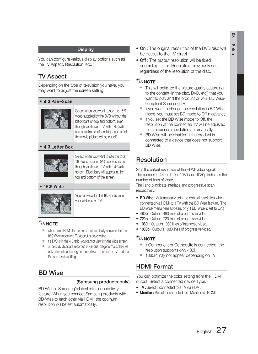 Samsung HT-C550-XAC user manual TV Aspect, Resolution, BD Wise, Hdmi Format, Display 