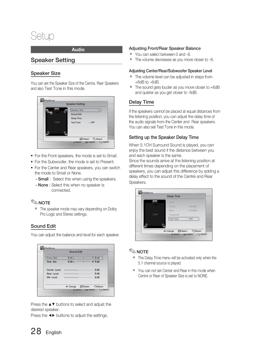 Samsung HT-C550-XAC user manual Speaker Setting, Audio 