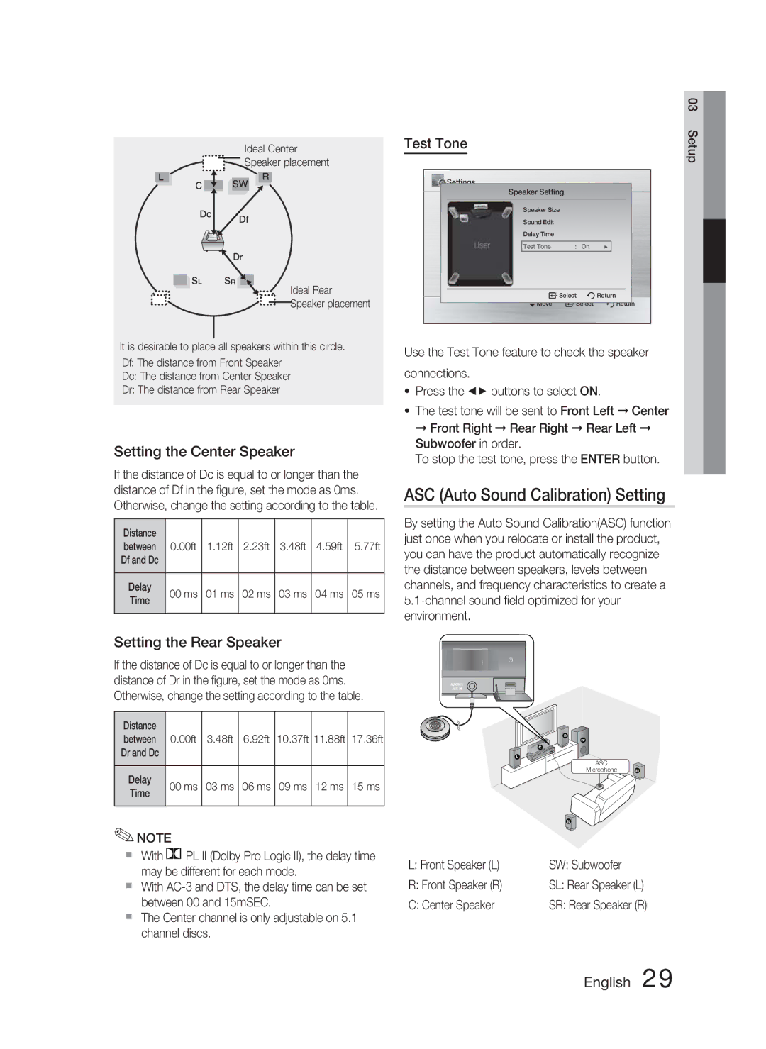 Samsung HT-C550-XAC ASC Auto Sound Calibration Setting, Setting the Center Speaker, Test Tone, Setting the Rear Speaker 