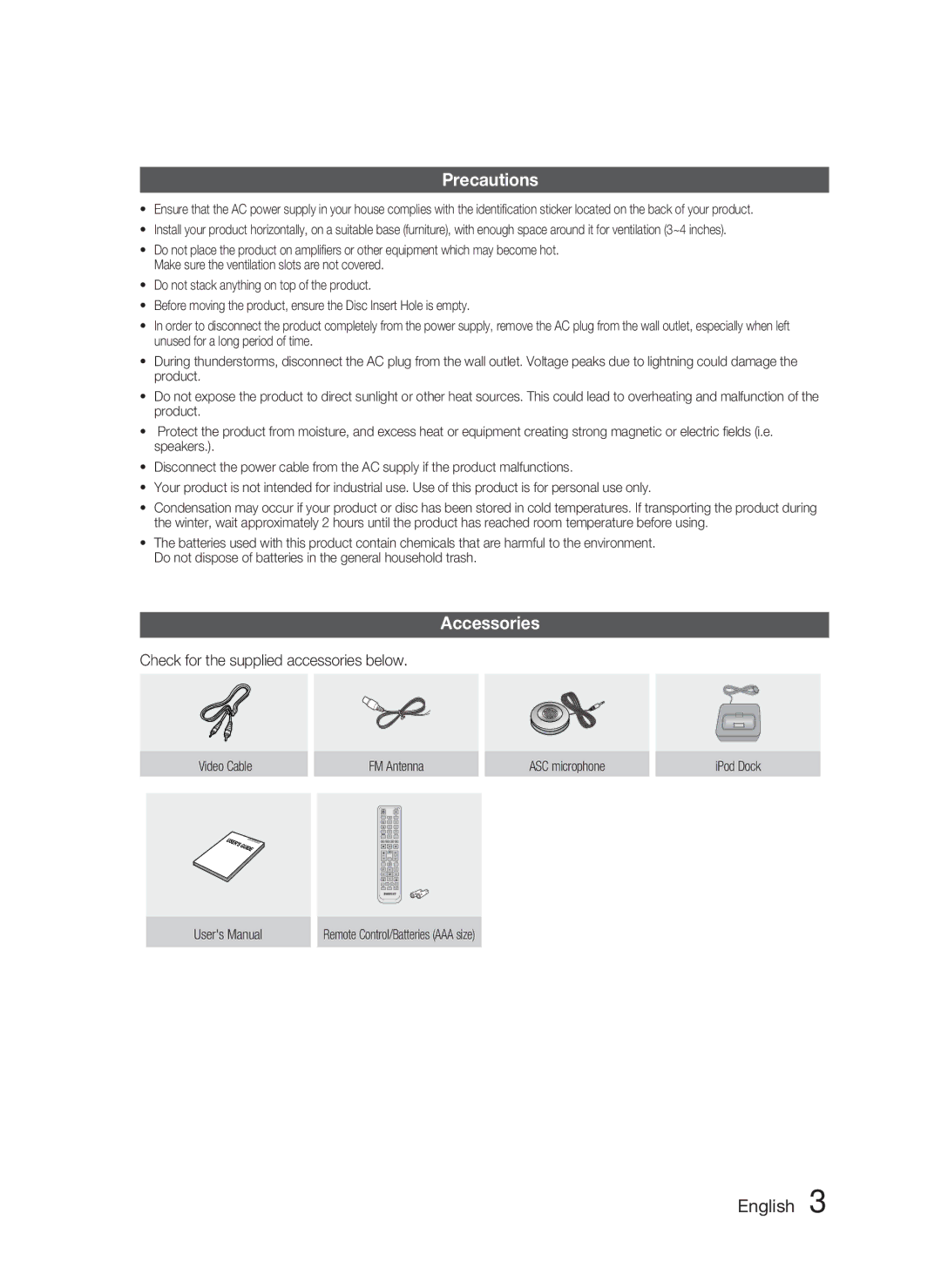 Samsung HT-C550-XAC user manual Precautions, Accessories, Check for the supplied accessories below 