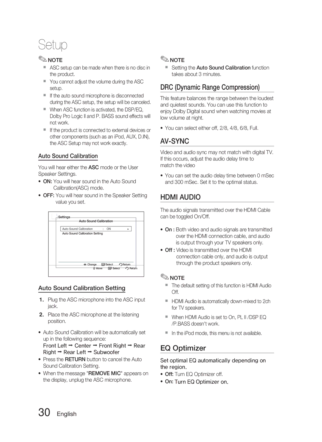 Samsung HT-C550-XAC user manual DRC Dynamic Range Compression, EQ Optimizer, Auto Sound Calibration Setting 