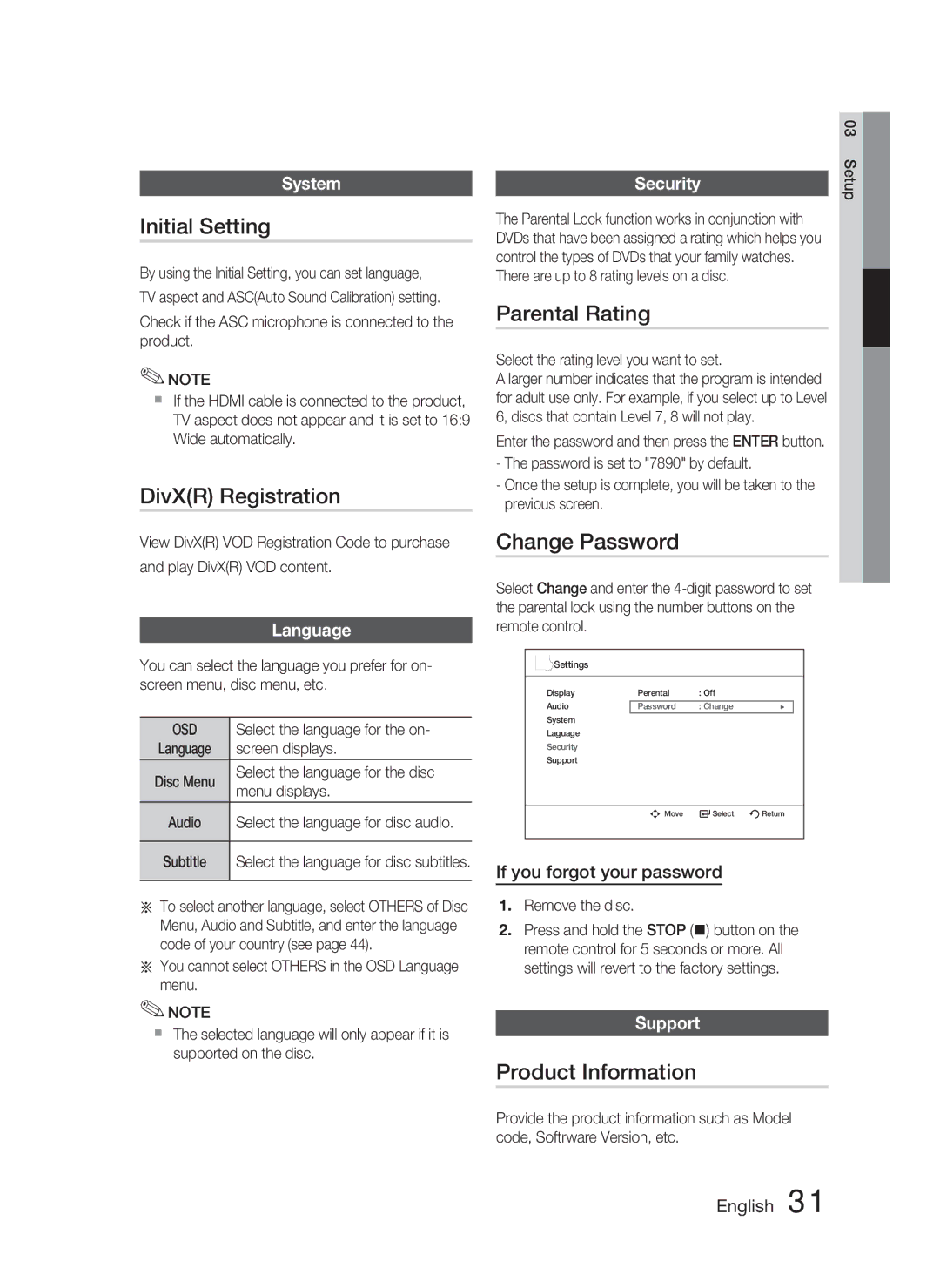 Samsung HT-C550-XAC user manual Initial Setting, DivXR Registration, Parental Rating, Change Password, Product Information 