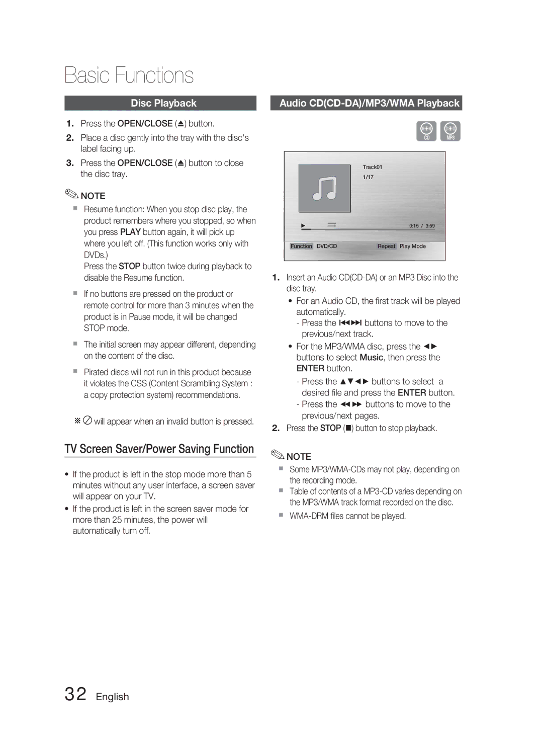 Samsung HT-C550-XAC Basic Functions, TV Screen Saver/Power Saving Function, Disc Playback, Audio CDCD-DA/MP3/WMA Playback 