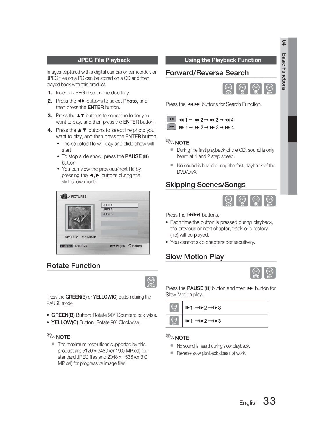 Samsung HT-C550-XAC user manual Rotate Function, Forward/Reverse Search, Skipping Scenes/Songs, Slow Motion Play 