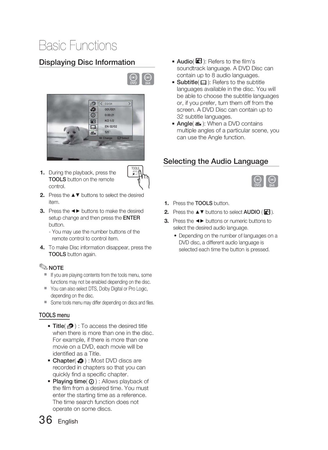 Samsung HT-C550-XAC user manual Displaying Disc Information, Selecting the Audio Language, Tools menu 