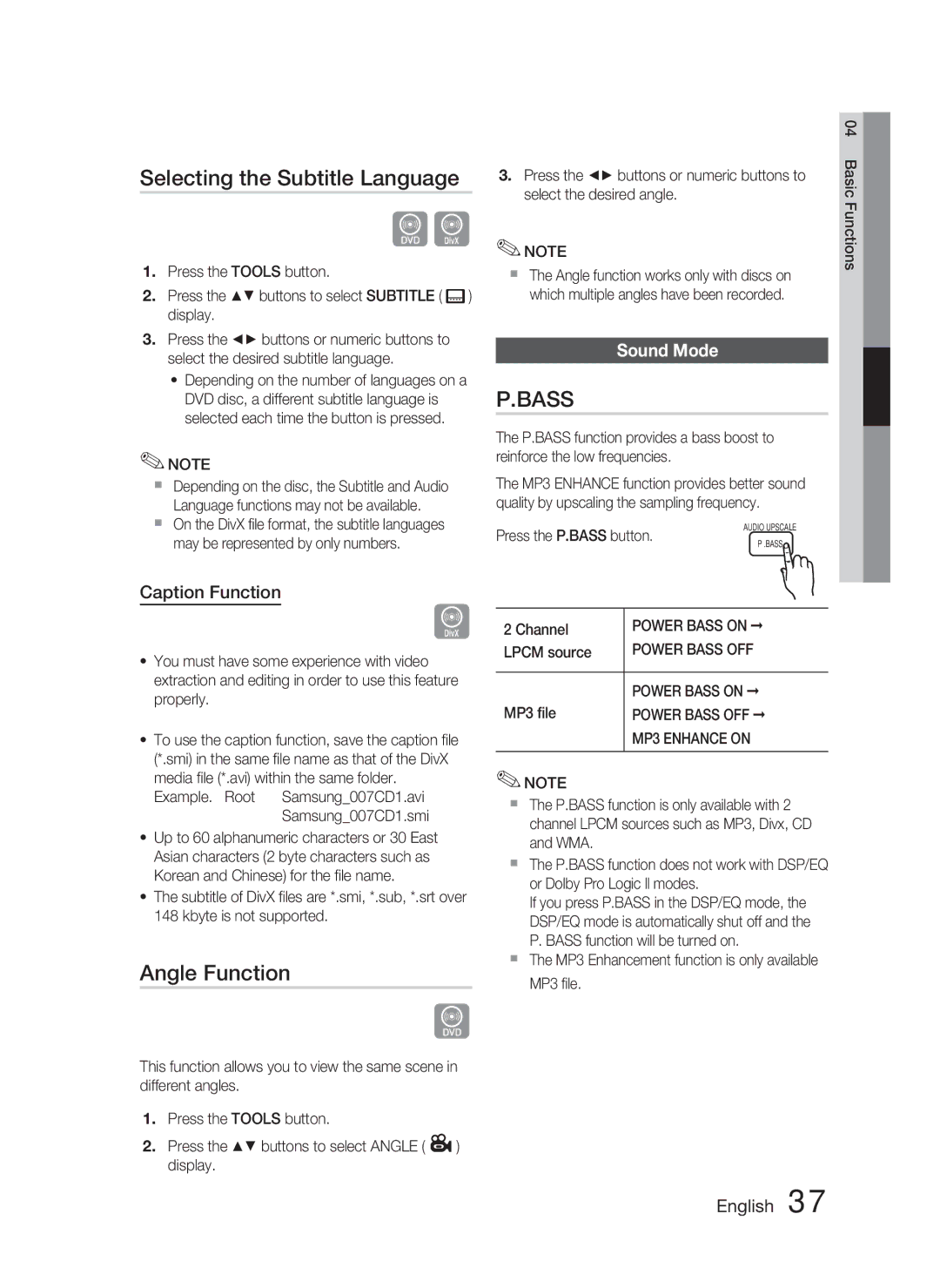 Samsung HT-C550-XAC user manual Selecting the Subtitle Language, Angle Function, Sound Mode, Caption Function 