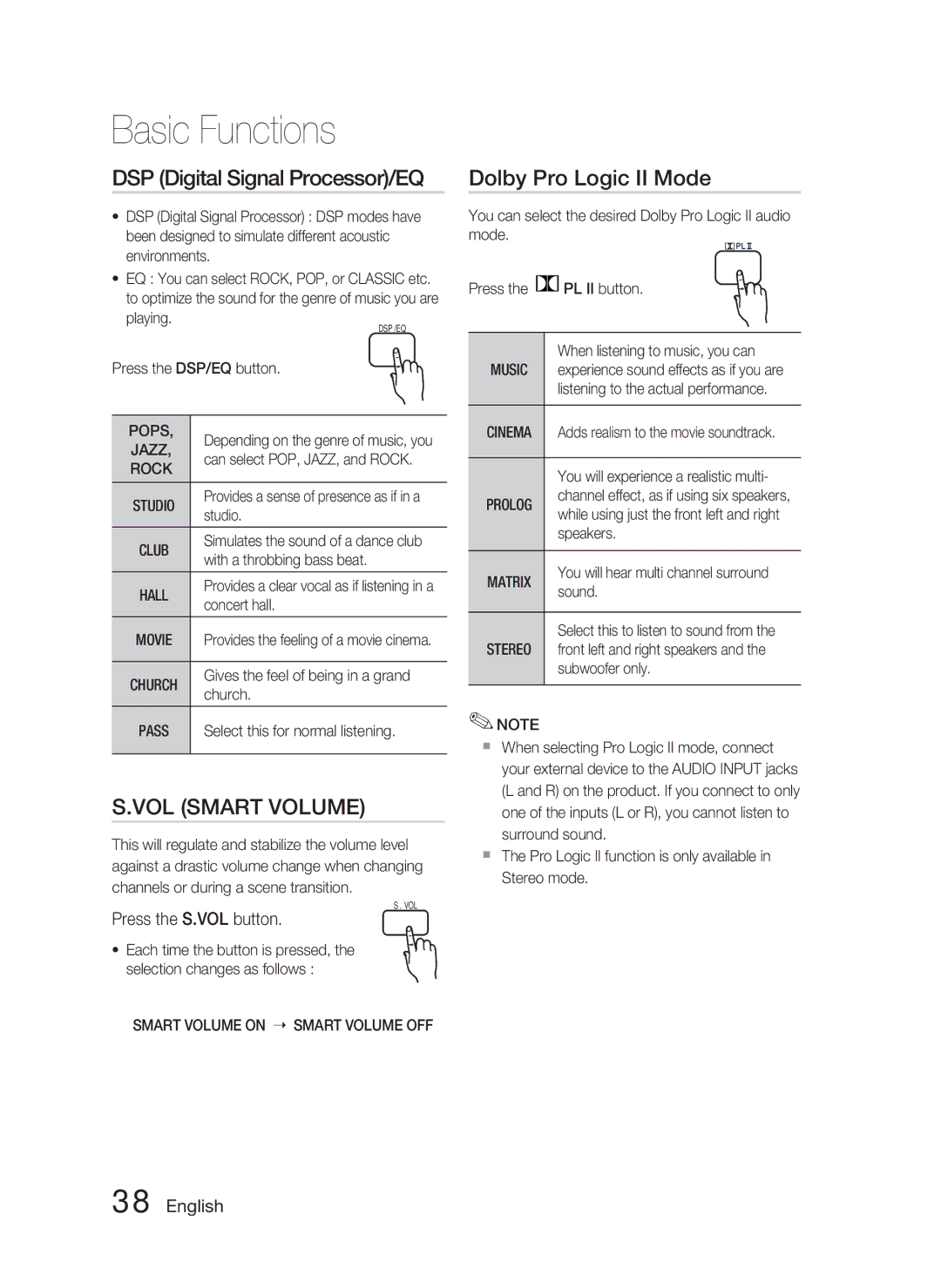 Samsung HT-C550-XAC user manual DSP Digital Signal Processor/EQ, Dolby Pro Logic II Mode, Press the S.VOL button 