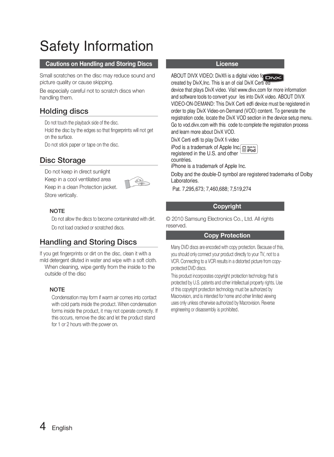 Samsung HT-C550-XAC user manual Holding discs, Disc Storage, Handling and Storing Discs, License, Copyright Copy Protection 