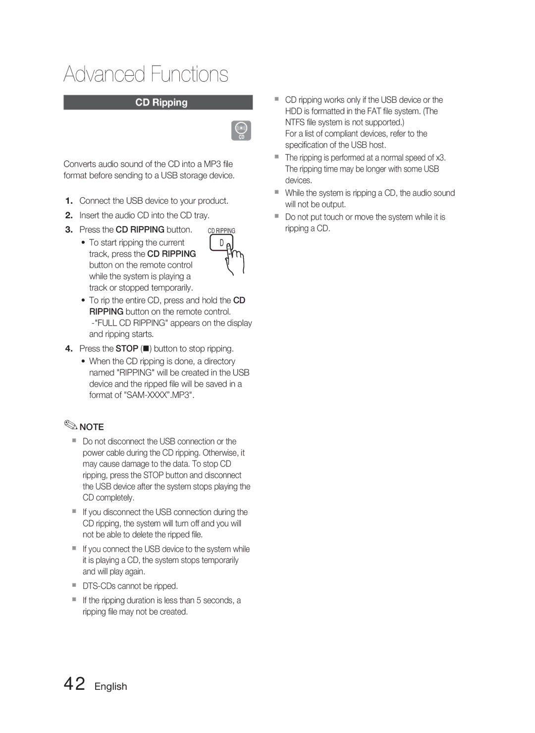 Samsung HT-C550-XAC user manual Advanced Functions, CD Ripping,  DTS-CDs cannot be ripped 