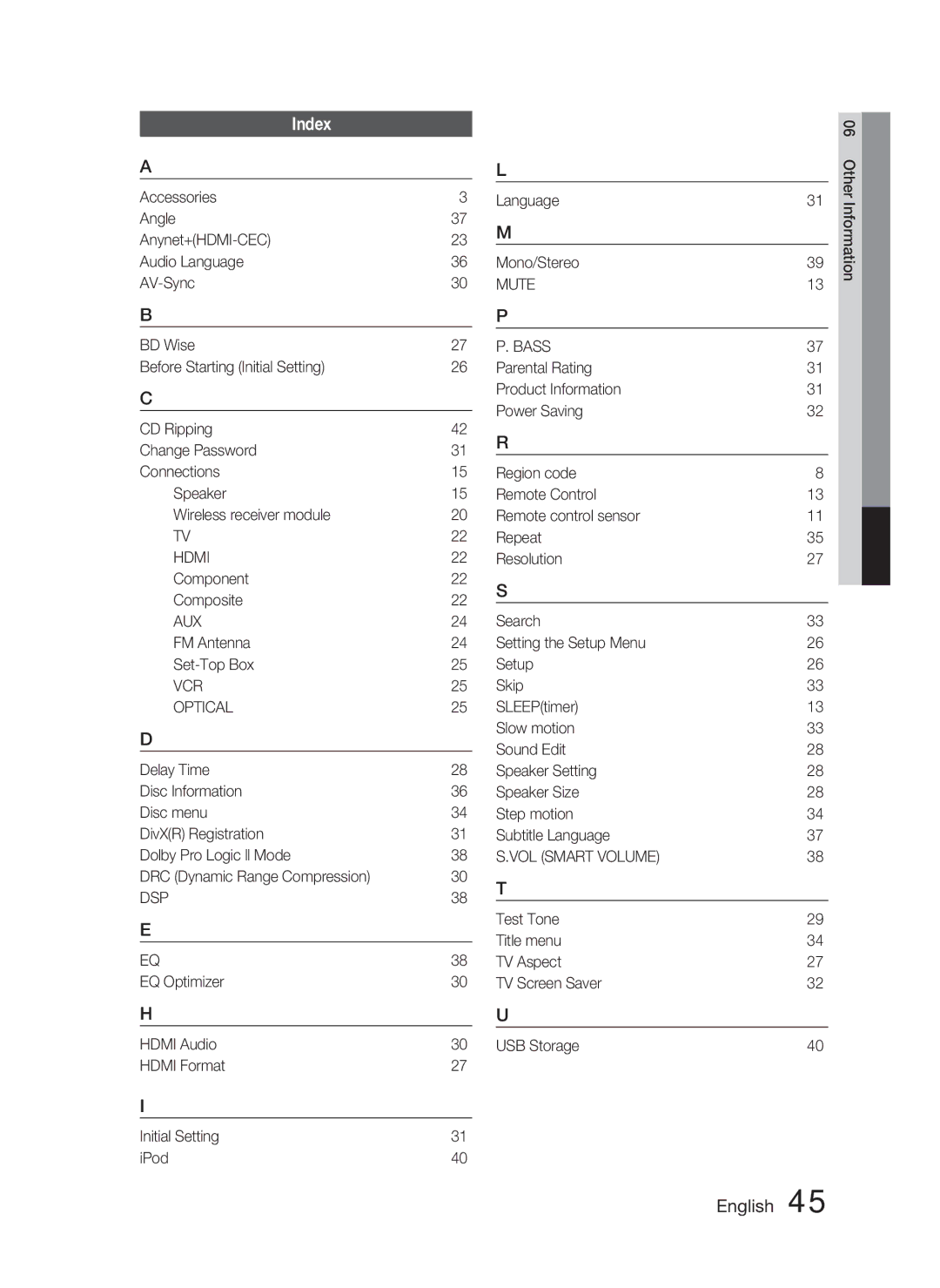 Samsung HT-C550-XAC user manual Index 