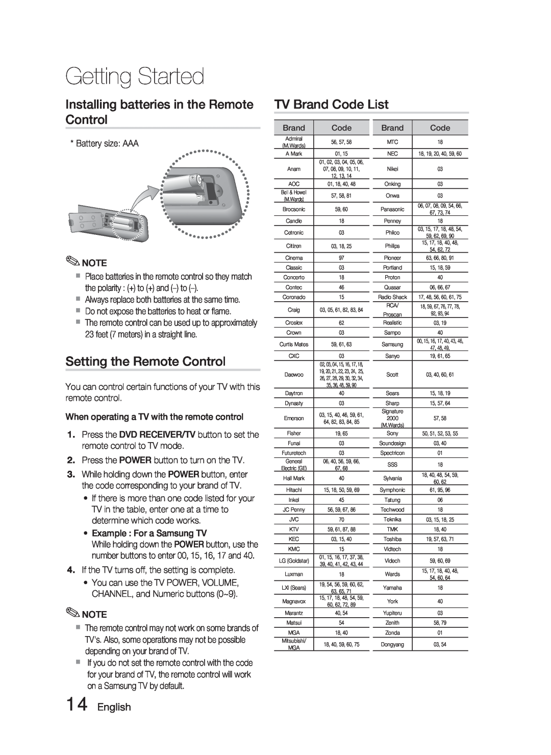 Samsung HT-C550-XAC Installing batteries in the Remote Control, TV Brand Code List, Setting the Remote Control, English 