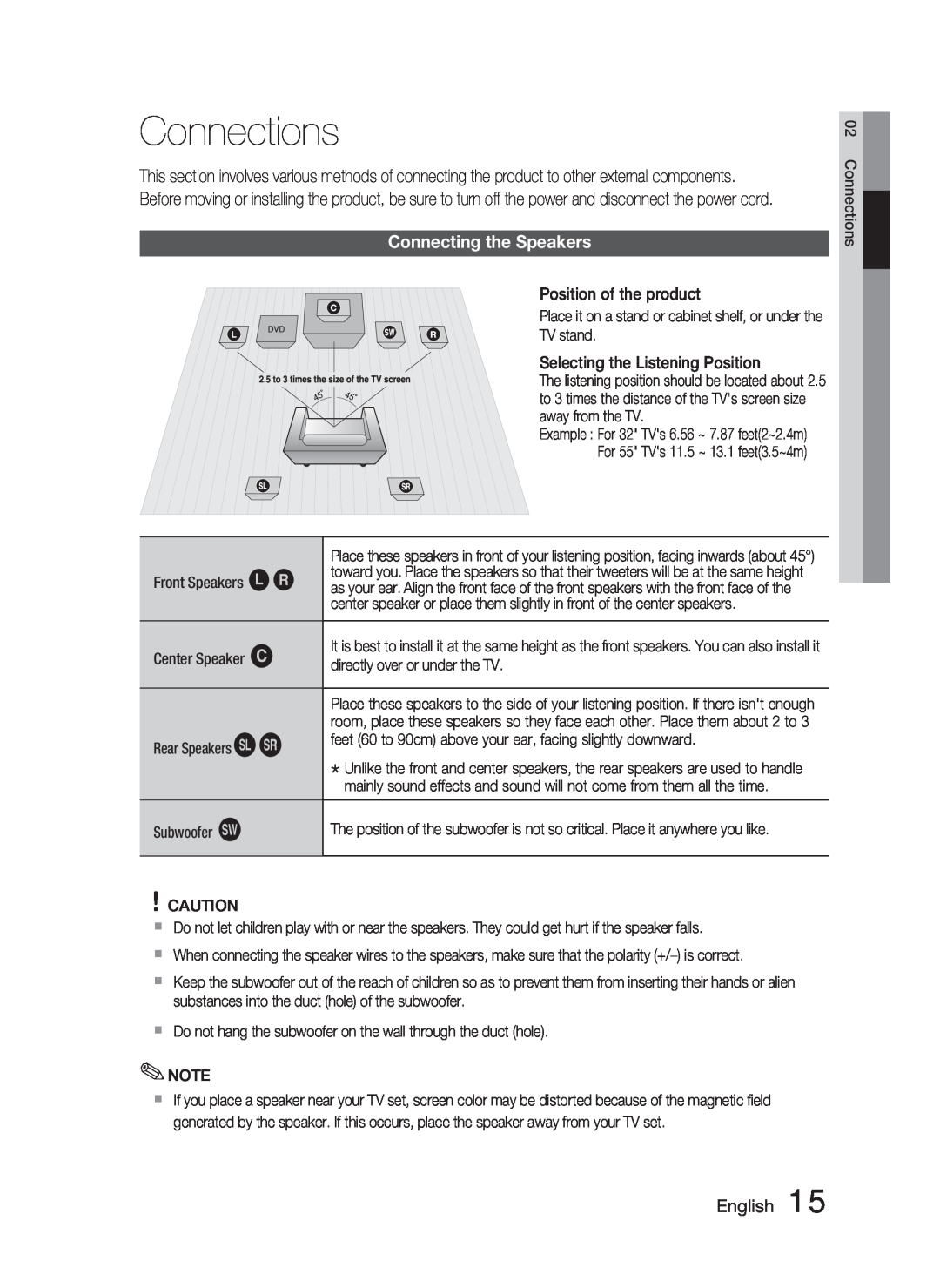 Samsung HT-C550-XAC user manual Connections, Connecting the Speakers, English 