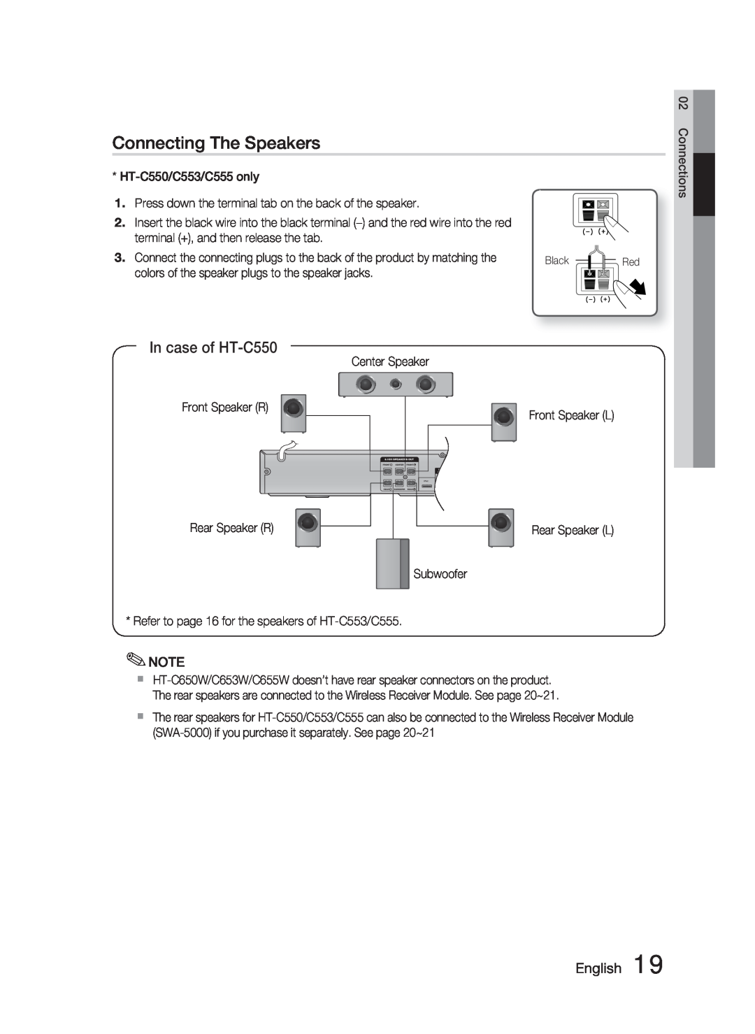 Samsung HT-C550-XAC user manual Connecting The Speakers, In case of HT-C550, English 