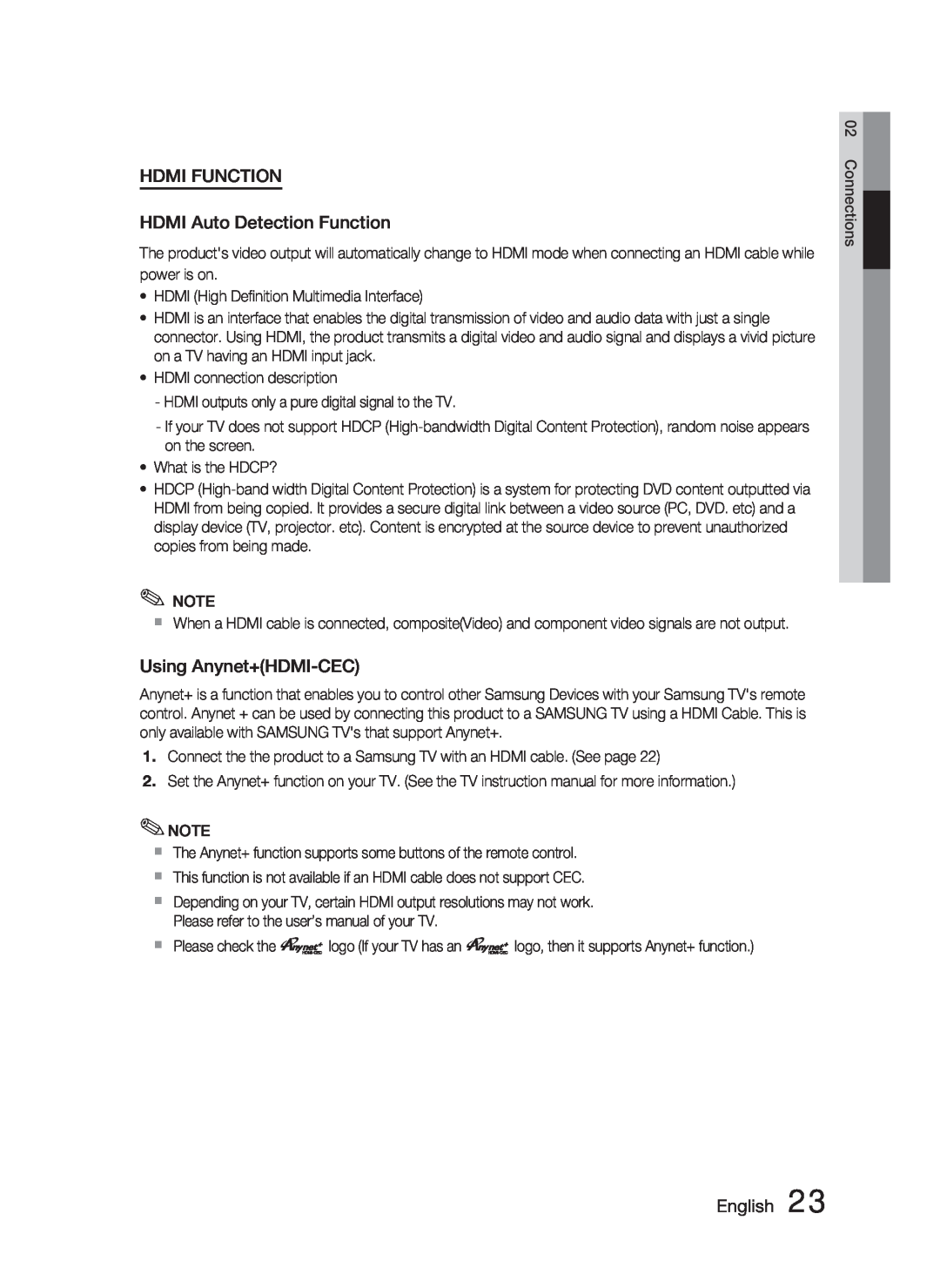 Samsung HT-C550-XAC user manual HDMI FUNCTION HDMI Auto Detection Function, Using Anynet+HDMI-CEC, English 