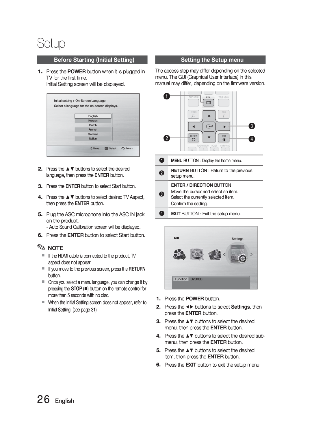 Samsung HT-C550-XAC user manual Setup, Before Starting Initial Setting, English 