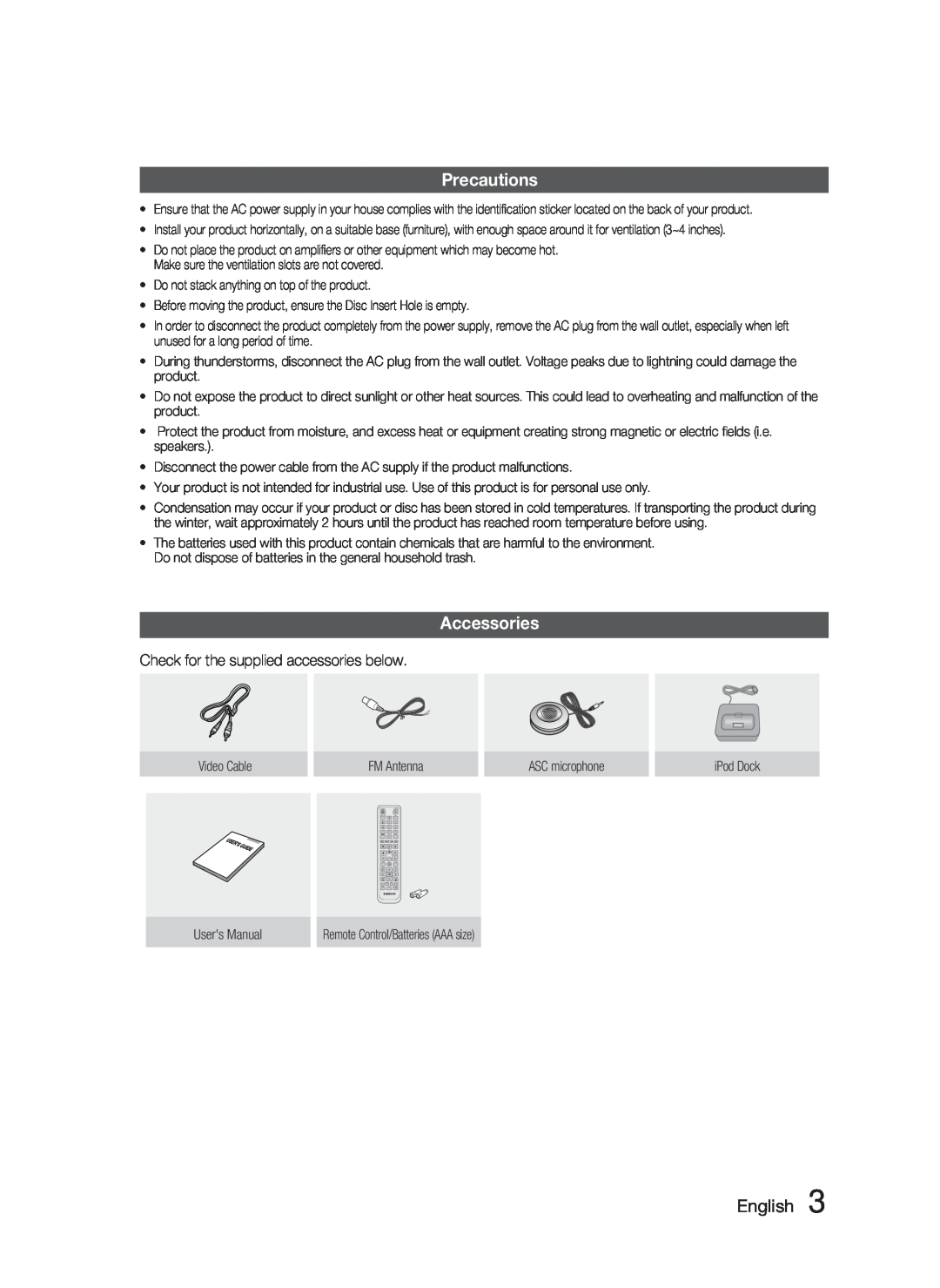 Samsung HT-C550-XAC user manual Precautions, Accessories, English 
