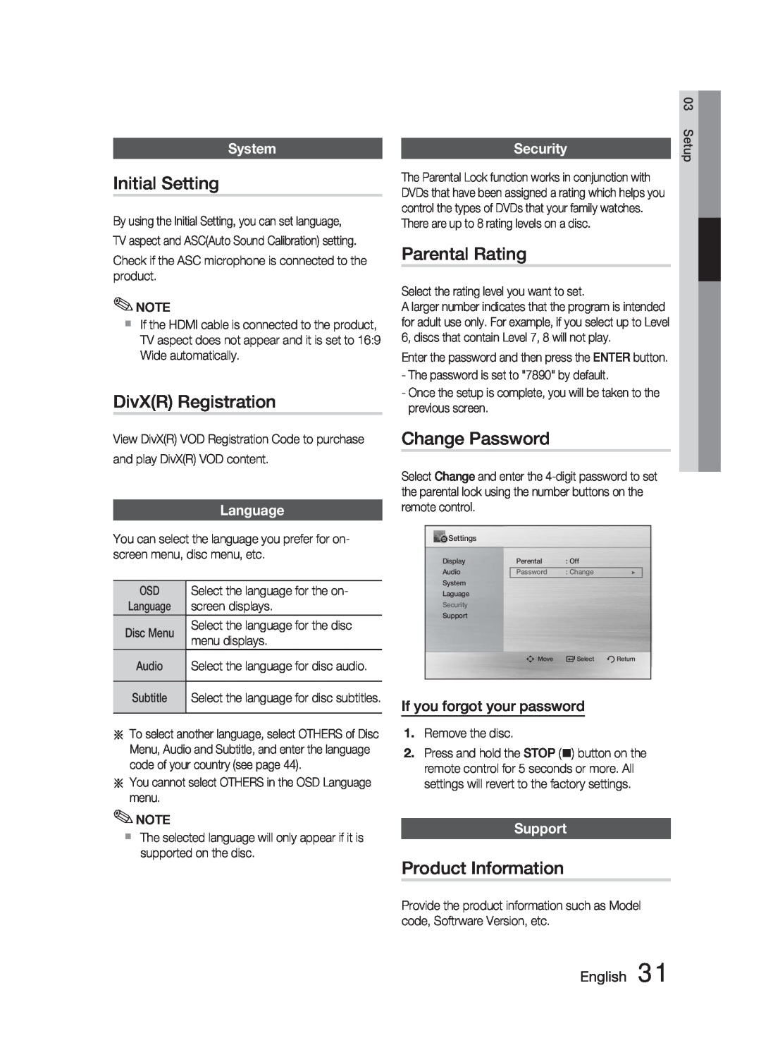 Samsung HT-C550-XAC Initial Setting, DivXR Registration, Parental Rating, Change Password, Product Information, System 