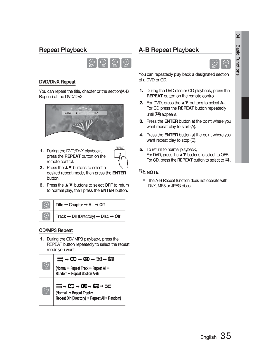 Samsung HT-C550-XAC user manual A-BRepeat Playback, DVD/DivX Repeat, CD/MP3 Repeat, dBAD, English 