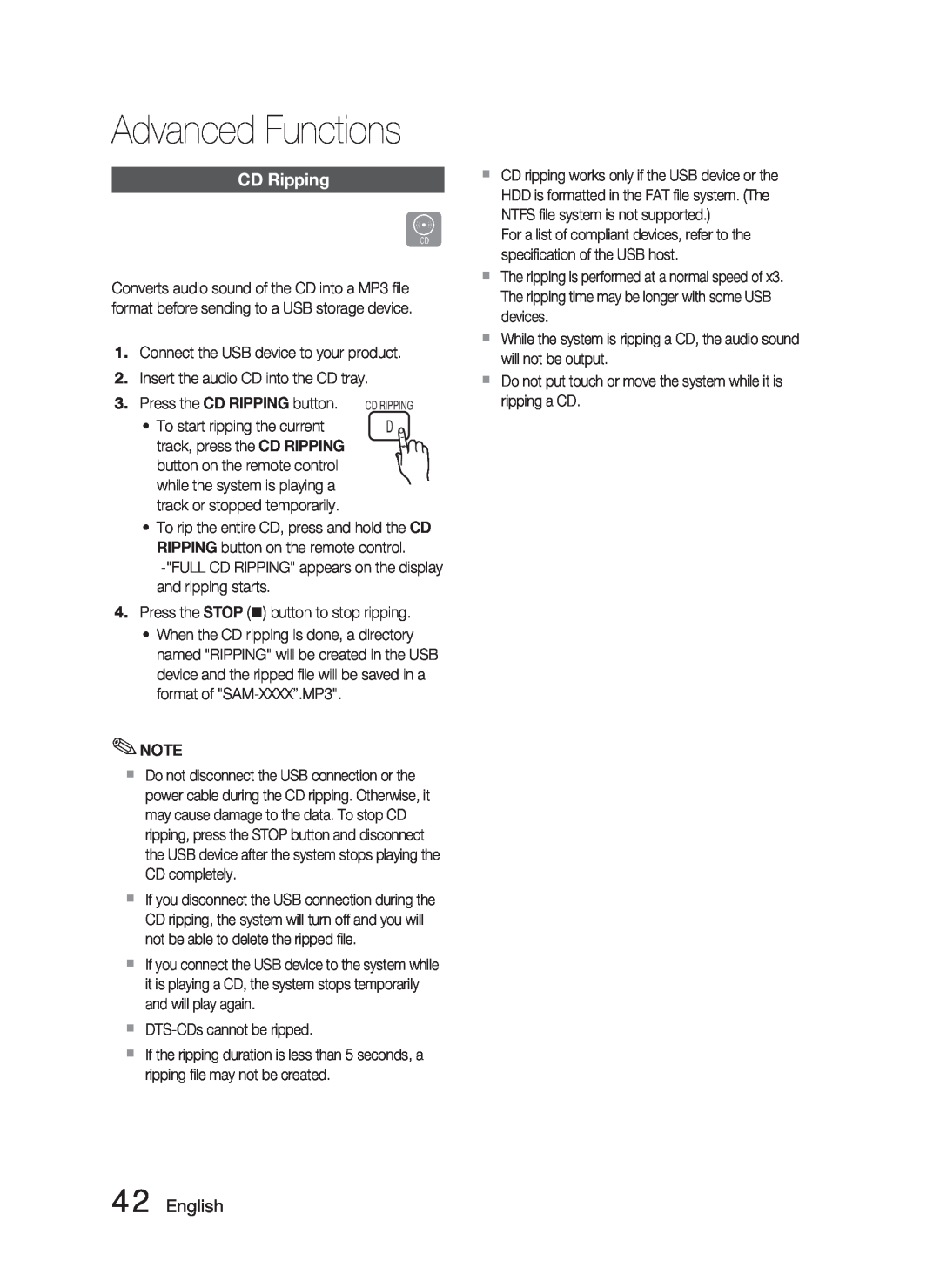 Samsung HT-C550-XAC user manual Advanced Functions, CD Ripping, English 