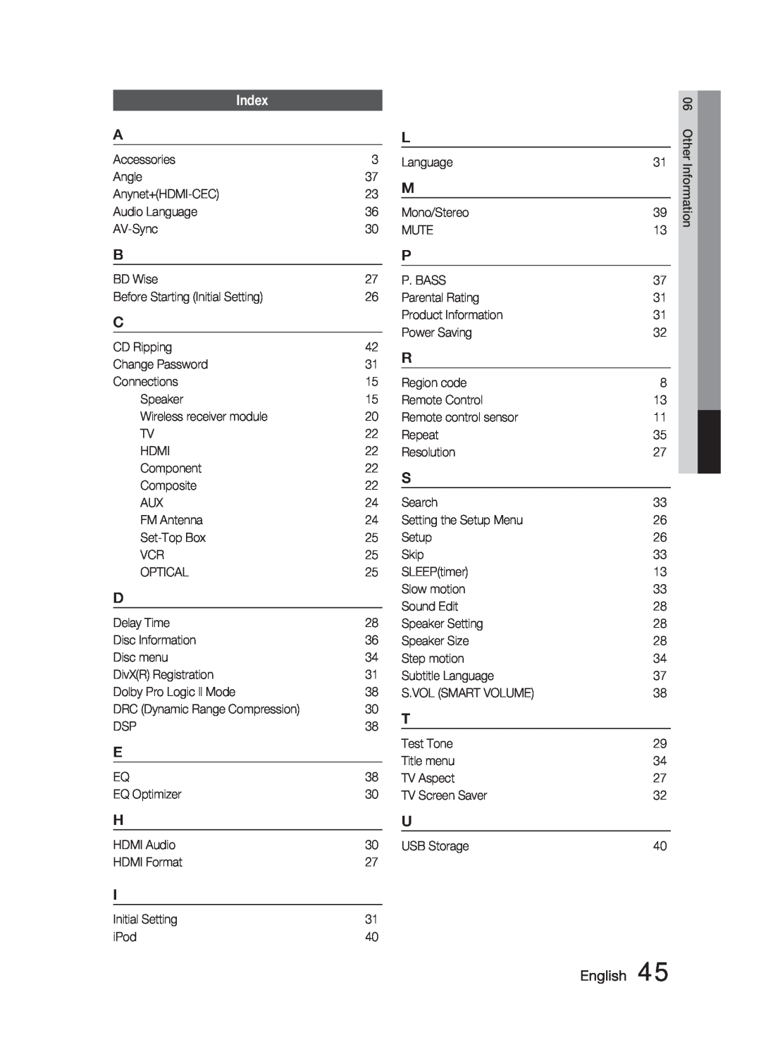 Samsung HT-C550-XAC user manual Index, English 