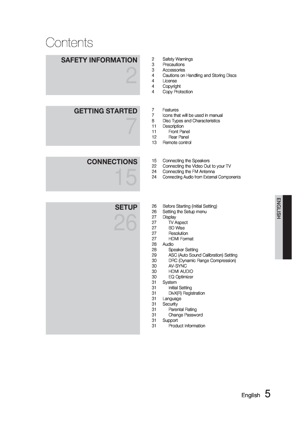 Samsung HT-C550-XAC user manual Contents, Getting Started, Connections, Setup, Safety Information, English 
