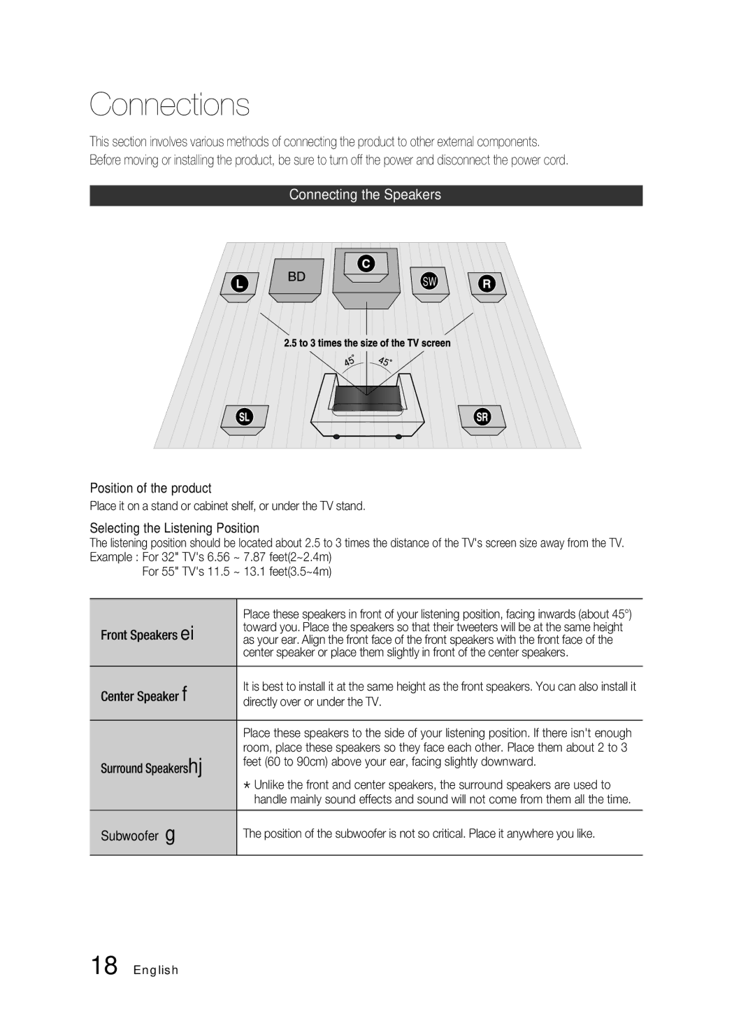 Samsung HT-C5500, AH68-02258S user manual Connections, Connecting the Speakers 