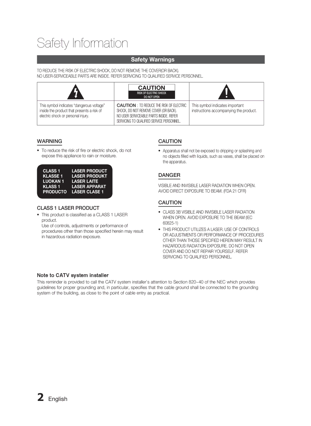 Samsung HT-C5500, AH68-02258S user manual Safety Information, Safety Warnings, English, Class 1 Laser Product 