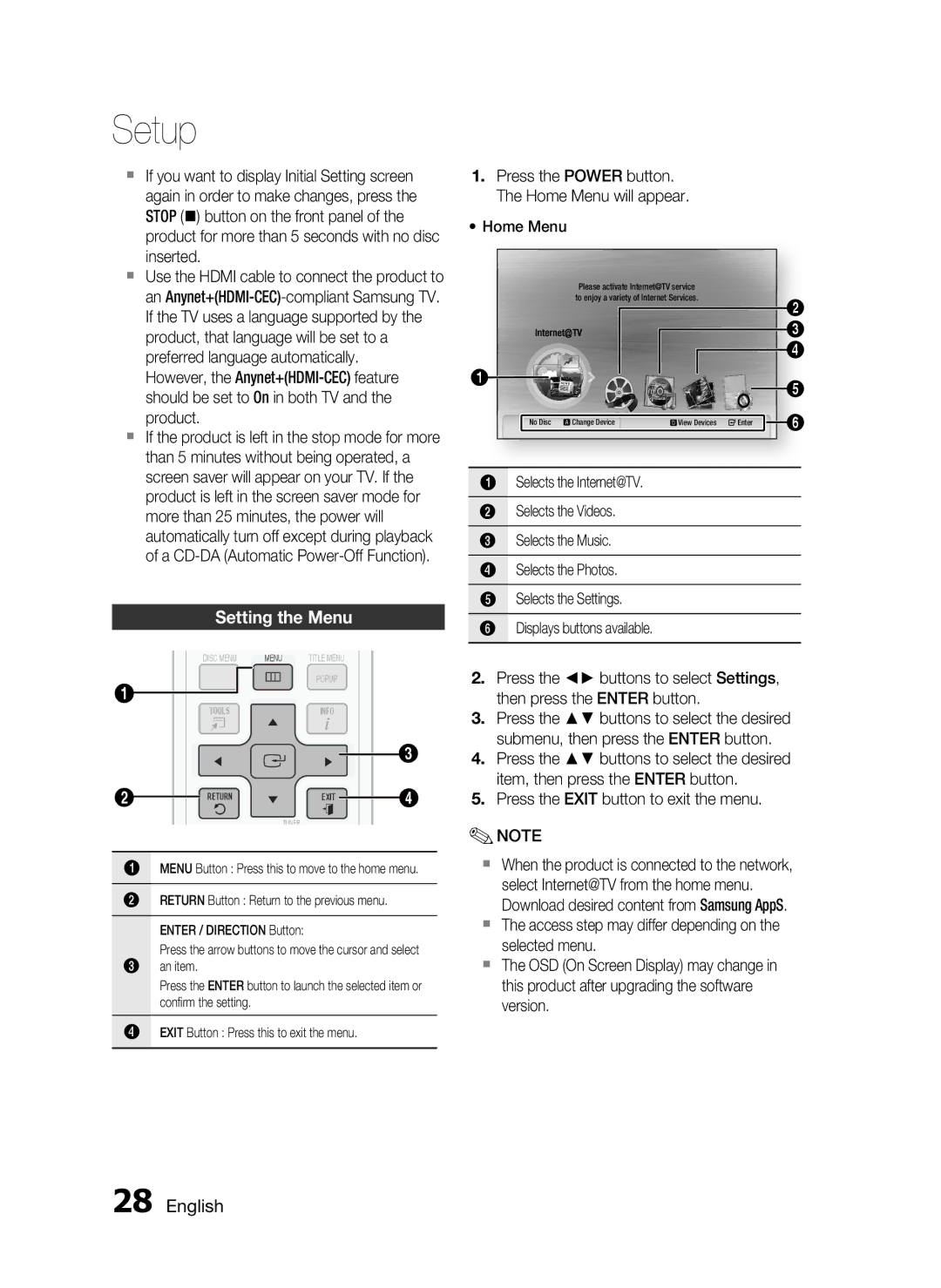 Samsung HT-C5500, AH68-02258S Setting the Menu, Then press the Enter button, Submenu, then press the Enter button 