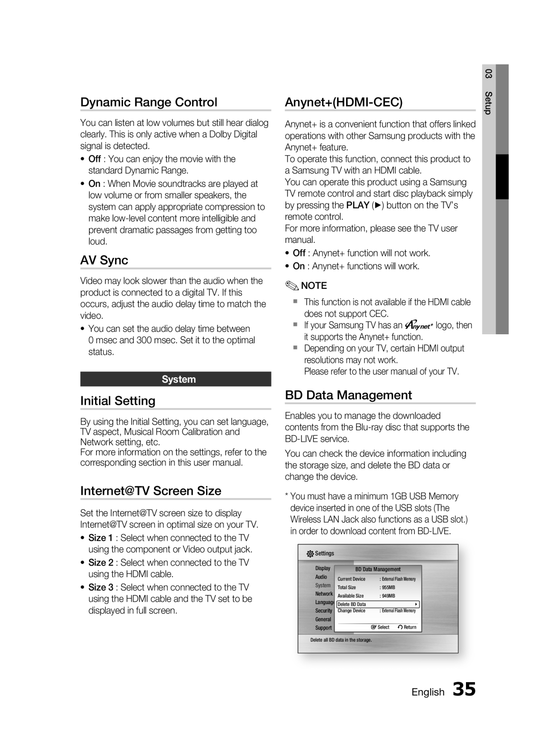 Samsung AH68-02258S, HT-C5500 Dynamic Range Control, AV Sync, Initial Setting, Internet@TV Screen Size, Anynet+HDMI-CEC 