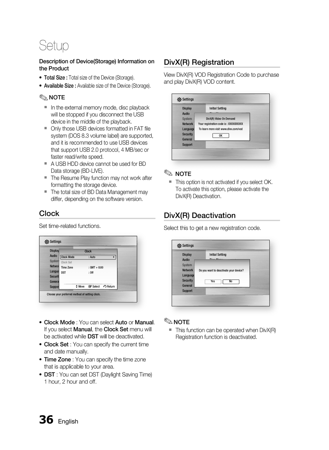 Samsung HT-C5500, AH68-02258S user manual DivXR Registration, Clock, DivXR Deactivation, Set time-related functions 