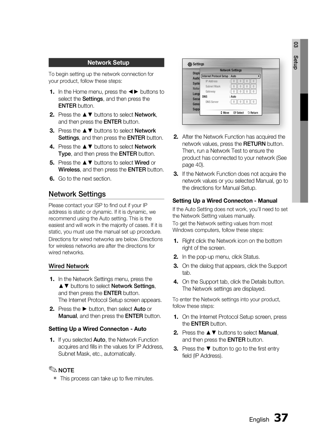 Samsung AH68-02258S, HT-C5500 user manual Network Settings, Network Setup, Wired Network 