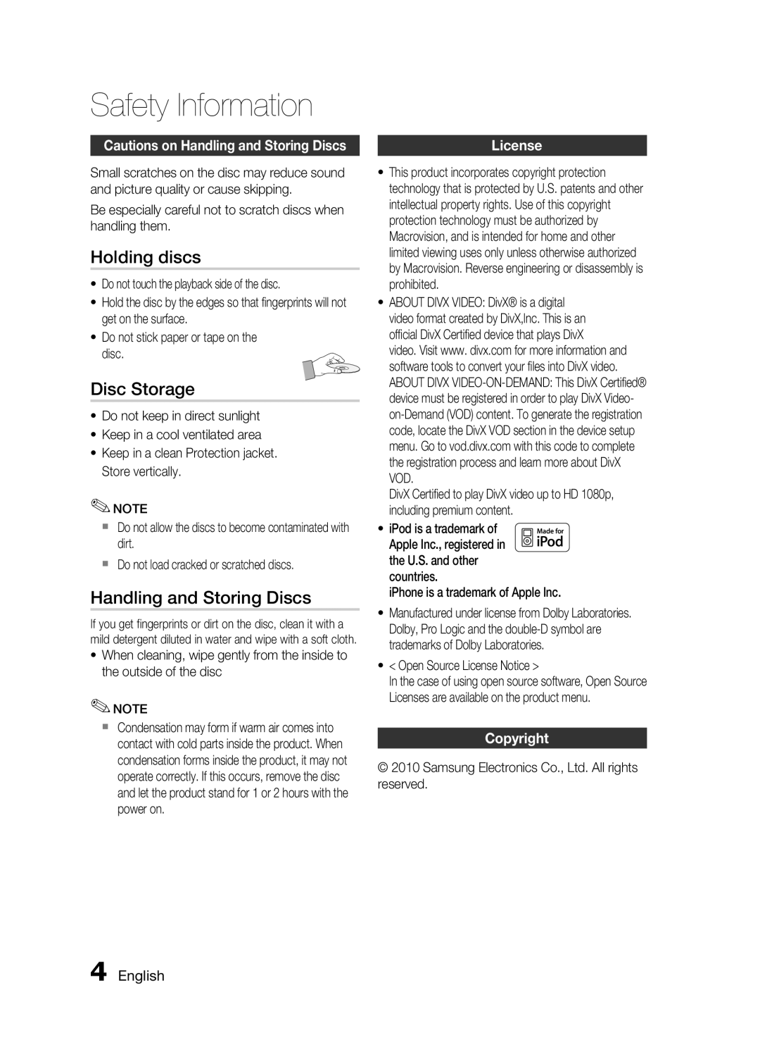 Samsung HT-C5500, AH68-02258S user manual Holding discs, Disc Storage, Handling and Storing Discs, License, Copyright 