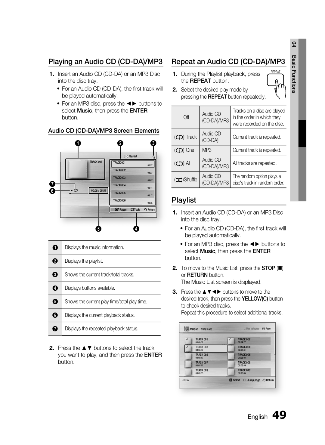 Samsung AH68-02258S, HT-C5500 user manual Playing an Audio CD CD-DA/MP3, Repeat an Audio CD CD-DA/MP3, Playlist 