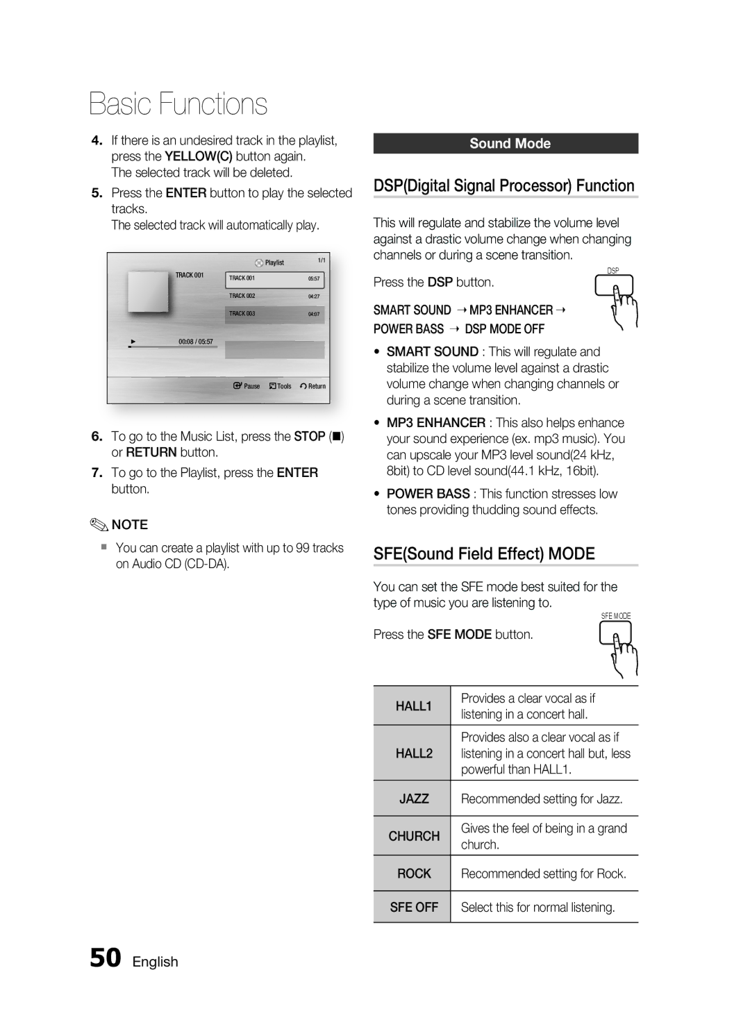 Samsung HT-C5500, AH68-02258S user manual DSPDigital Signal Processor Function, SFESound Field Effect Mode, Sound Mode 