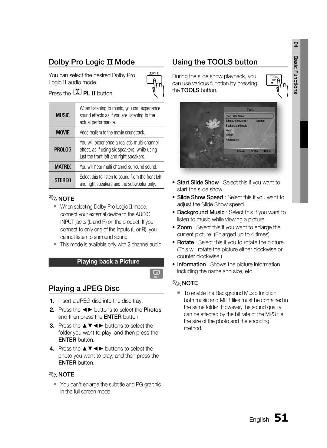 Samsung AH68-02258S Dolby Pro Logic II Mode, Playing a Jpeg Disc, Using the Tools button, Playing back a Picture, Music 